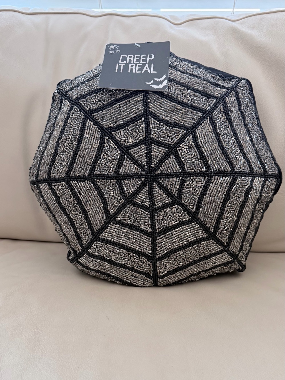 Mireille Designs Halloween Spider Web Beaded Pillow Creep It Real Black Silver